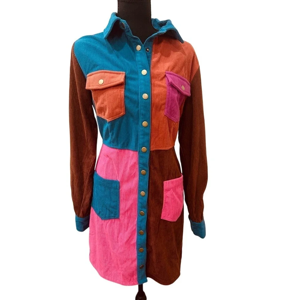 Fate Multicolor Retro Corduroy Long Sleeve Mini Dress Patchwork "Color Me Cord" - Picture 2 of 3